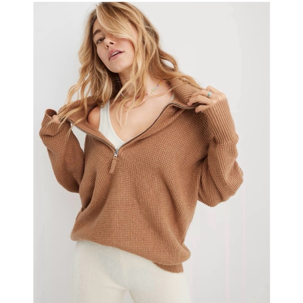 Aerie Camel Knit Quarter Zip Sweater